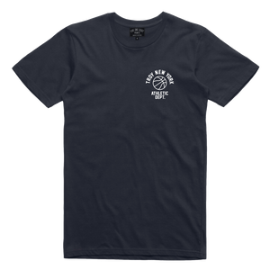 Show some hometown pride in sporty style. Our "Athletic Dept" tee features the words "Troy New York Athletic Dept." in white ink surrounding a basketball on both back and front chest prints. This design is printed on a comfortable yet tough navy blue tee.  Only Found at 518 Prints