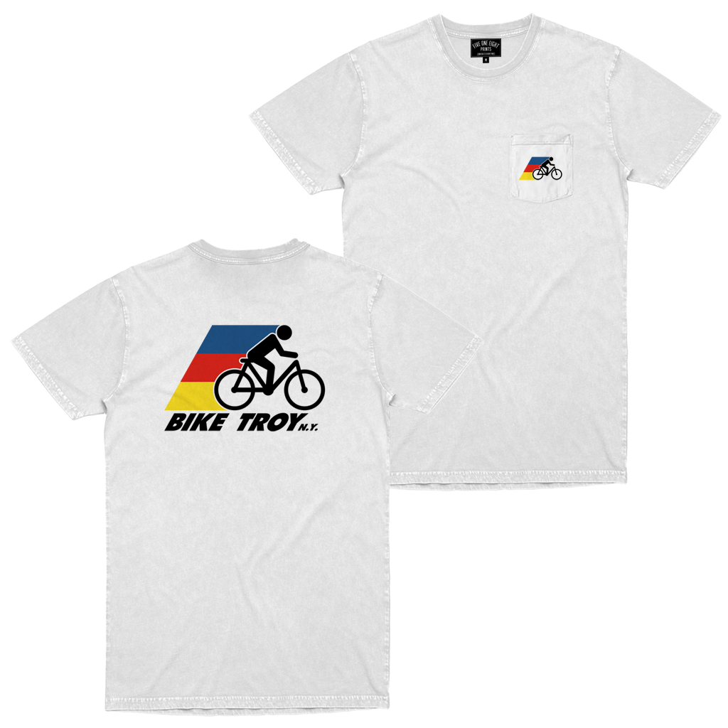 The best way to see your city is from the seat of a bike! Show your appreciation for the greener way to get around in our Bike Troy tee. Printed on front and back of a white pocket tee.  Only Found at 518 Prints