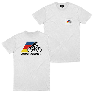 The best way to see your city is from the seat of a bike! Show your appreciation for the greener way to get around in our Bike Troy tee. Printed on front and back of a white pocket tee.  Only Found at 518 Prints