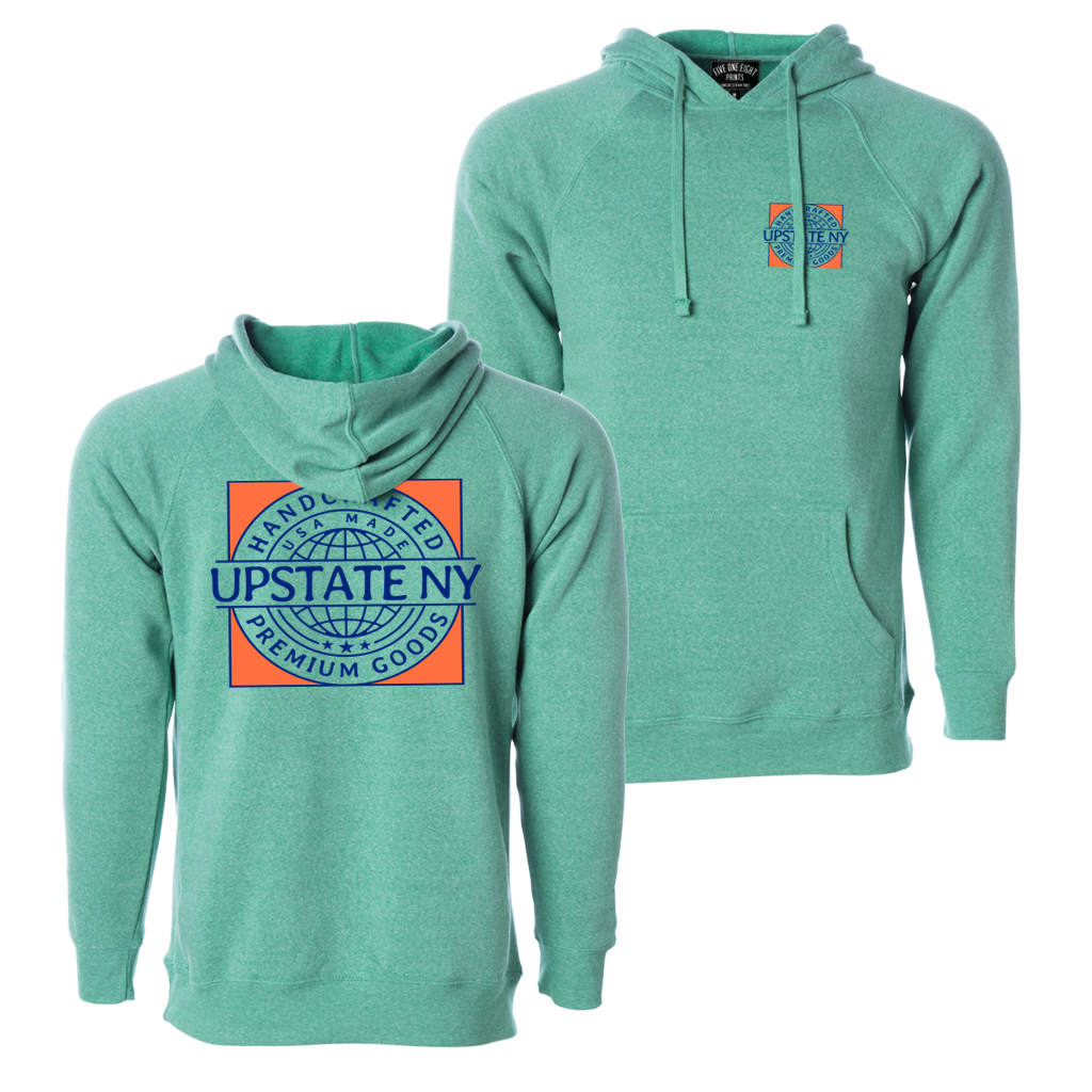Handcrafted in Upstate New York - this ultra-comfortable hoodie is perfect for any occasion. Custom design is printed on the front and back of this teal hooded sweatshirt.  Only Found at 518 Prints