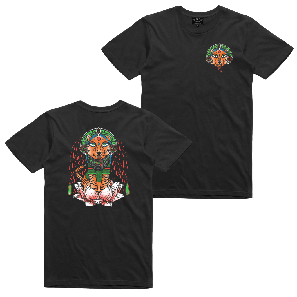 Show off your inner tiger with our Mandala Tiger tee! Printed in vibrant multicolor on the front and back of a black tee.  Original illustration by Carlos Cardenas (IG: @carlosxcardenas)  Only Found at 518 Prints