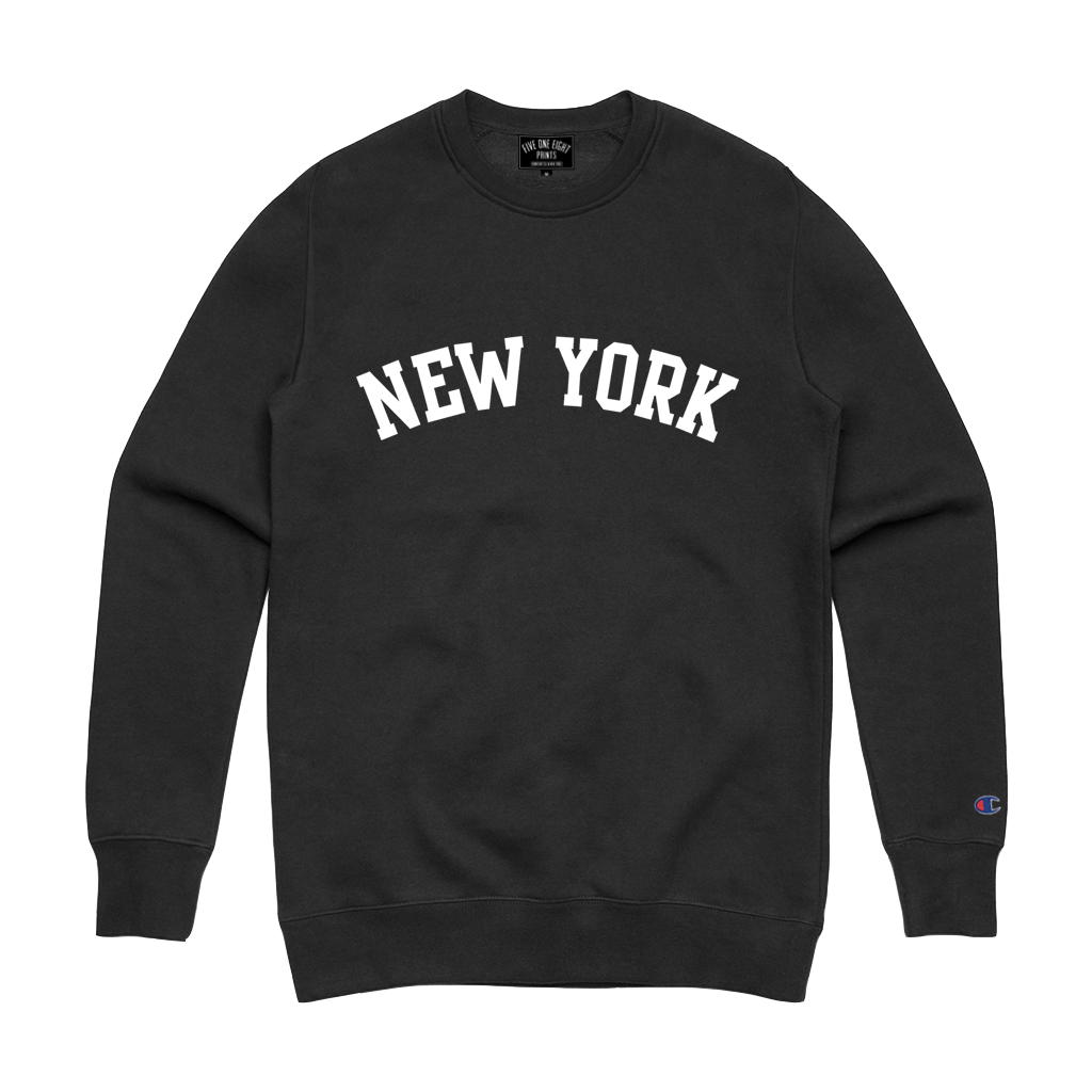 Rep your state in our original "New York Arch" crewneck sweatshirt. This crew features white flocked print on a black Champion Apparel sweatshirt.  Only Found at 518 Prints