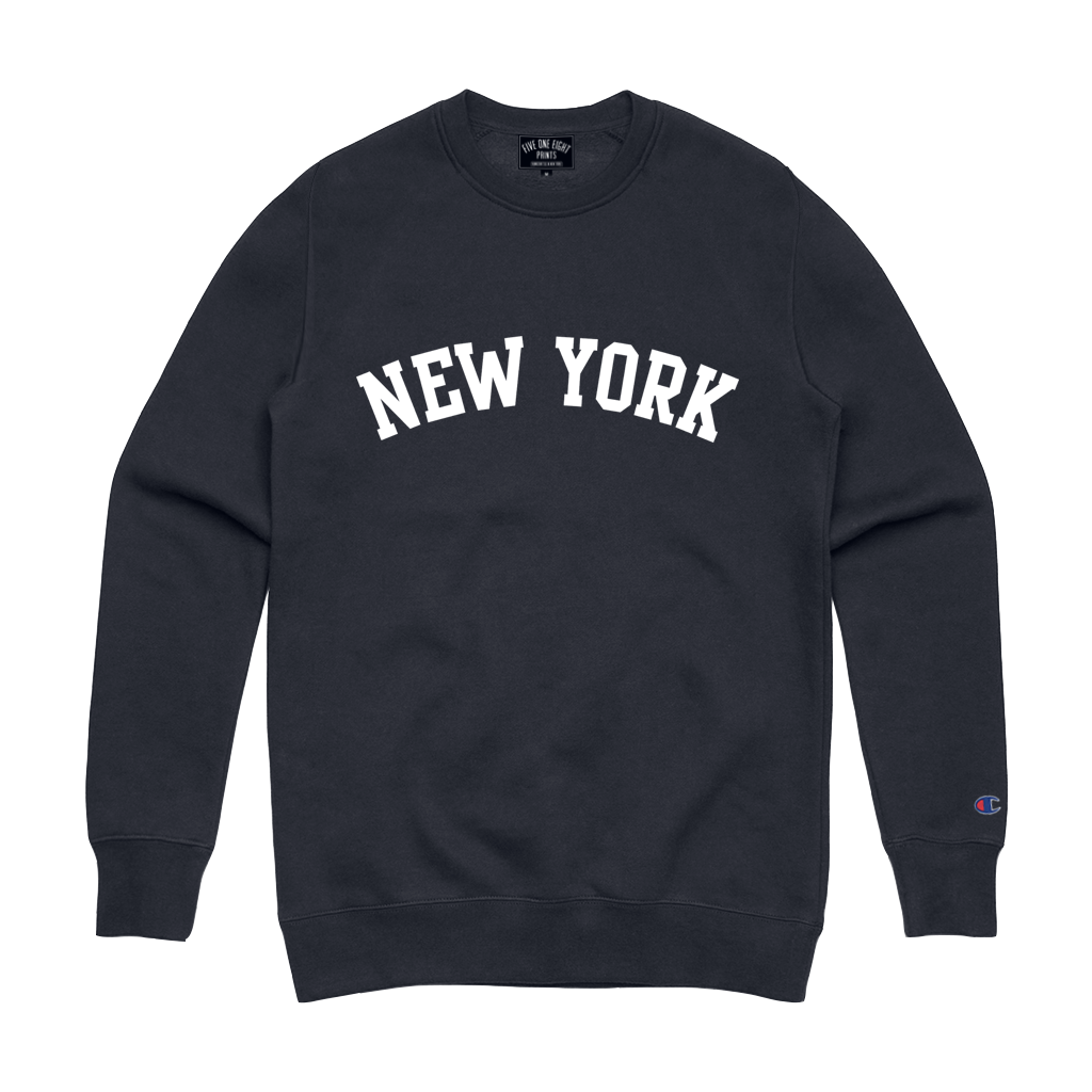 Rep your state in our original "New York Arch" crewneck sweatshirt. This crew features white flocked print on a navy blue Champion Apparel sweatshirt.  Only Found at 518 Prints