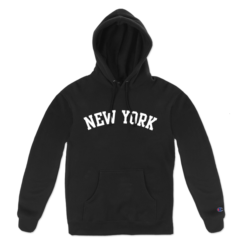 Rep your state in our original "New York Arch" hoodie. This crew features white flocked print on a black Champion Apparel pullover hooded sweatshirt.  Only Found at 518 Prints