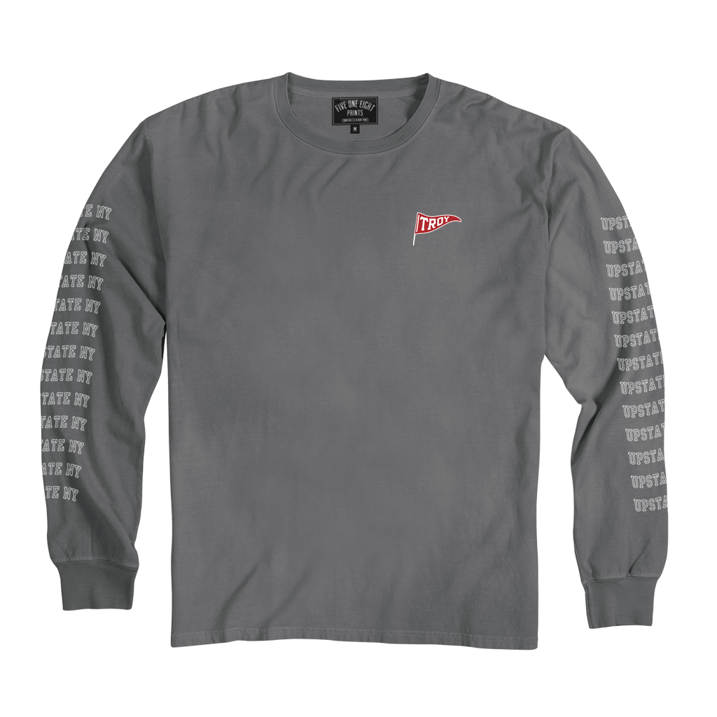 Classic design in a comfortable tee. Our original "Troy Pennant" design, printed on the front and both sleeves of a concrete-colored long sleeve tee.  Only Found at 518 Prints