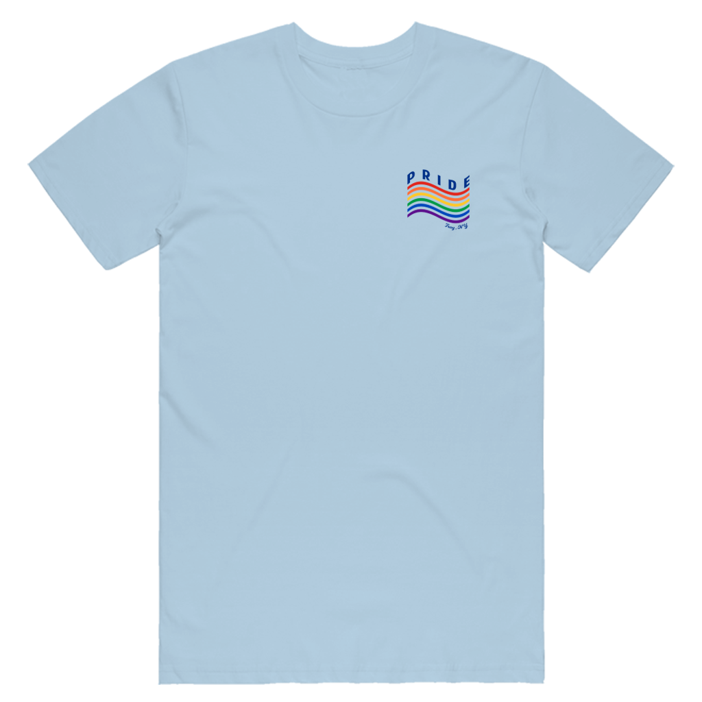 Love is love is love. Our 2019 Pride Month tee features a minimalist rainbow with the words "Pride" and "Troy NY" on the front left chest of a light blue tee.  Only found at 518 Prints