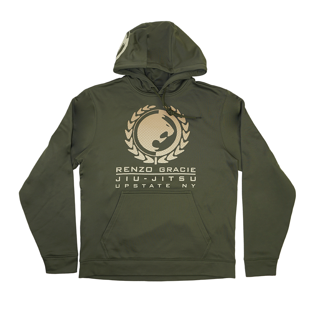 Renzo Gracie Latham's "Upstate Lion Laurel" design, printed on the front, back, and hood of an olive drab Sport Tek pullover hooded sweatshirt.  Hoodie features include: 5.5-oz., 100% polyester fabric; tag-free label; three-panel hood; self-fabric hood lining; a taped neck; dyed-to-match drawcord with metal tips; front pouch pocket; and self-fabric cuffs and hem.