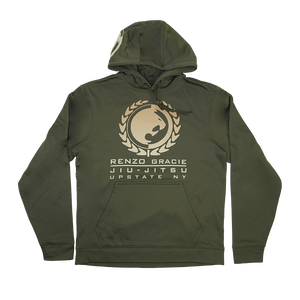 Renzo Gracie Latham's "Upstate Lion Laurel" design, printed on the front, back, and hood of an olive drab Sport Tek pullover hooded sweatshirt.  Hoodie features include: 5.5-oz., 100% polyester fabric; tag-free label; three-panel hood; self-fabric hood lining; a taped neck; dyed-to-match drawcord with metal tips; front pouch pocket; and self-fabric cuffs and hem.