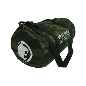 Renzo Gracie Latham's "Upstate Stack Logo" design, printed on the side of a forest camo Independent brand duffel bag.  Bag features include 100% polyester fabric, waterproof interior PVC coating, zipped mesh pocket (5.5” height, 8.25” width) on inside, carrying handles, and removable shoulder strap. Bag measures 20.5” x 10.5”.