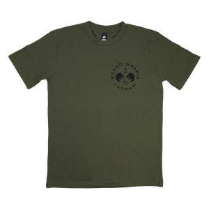 Renzo Gracie Latham's "Upstate Laurel" design, printed on the front and back of an army green AS Colour tee.  Tee features include relaxed fit; crew neck; heavy weight, 6.5 oz, 22-singles; 100% combed cotton; neck ribbing; side-seamed; shoulder to shoulder tape; double-needle hems; preshrunk to minimize shrinkage.