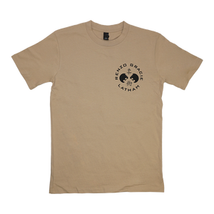 Renzo Gracie Latham's "Upstate Laurel" design, printed on the front and back of a tan AS Colour tee.  Tee features include relaxed fit; crew neck; heavy weight, 6.5 oz, 22-singles; 100% combed cotton; neck ribbing; side-seamed; shoulder to shoulder tape; double-needle hems; preshrunk to minimize shrinkage.