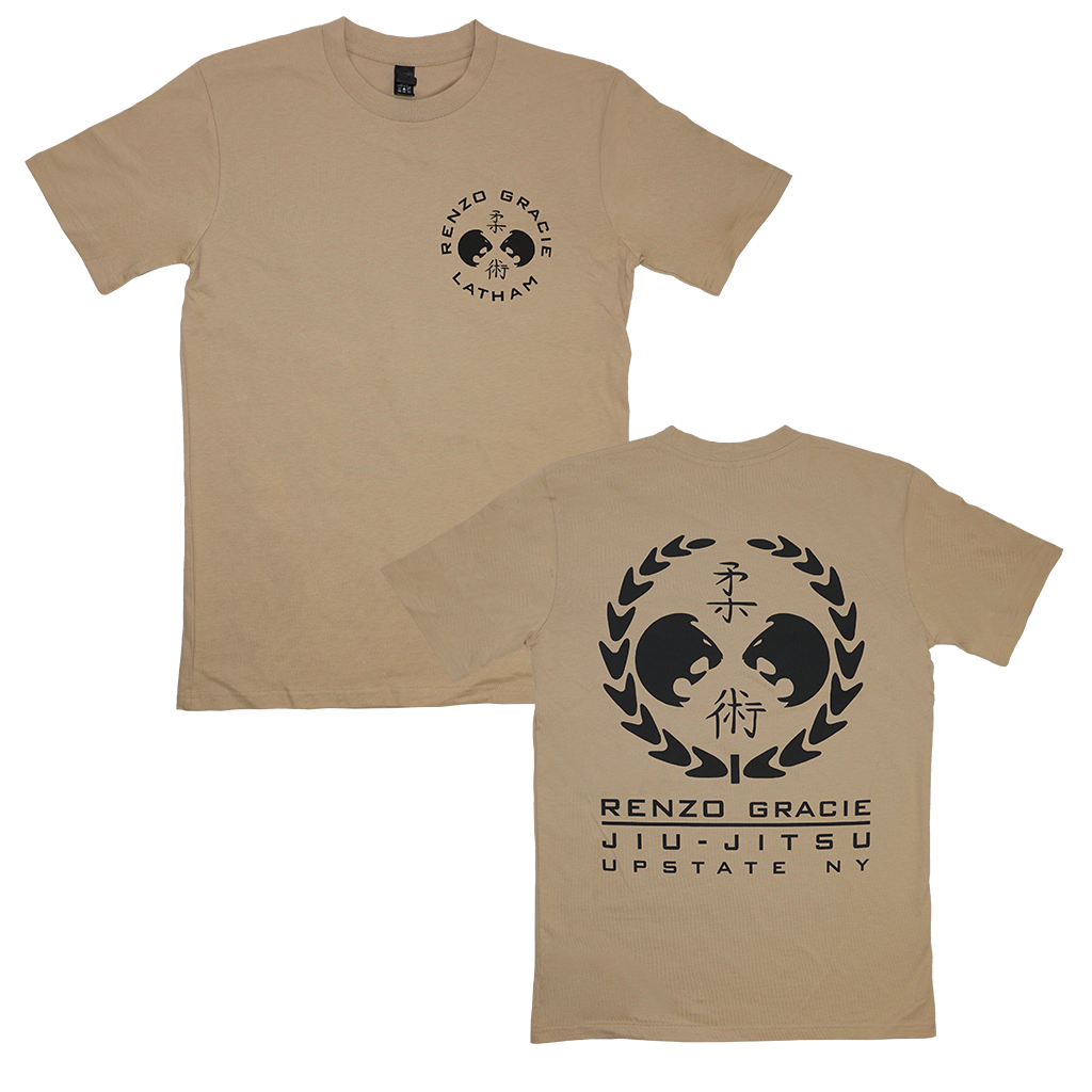 Renzo Gracie Latham's "Upstate Laurel" design, printed on the front and back of a tan AS Colour tee.  Tee features include relaxed fit; crew neck; heavy weight, 6.5 oz, 22-singles; 100% combed cotton; neck ribbing; side-seamed; shoulder to shoulder tape; double-needle hems; preshrunk to minimize shrinkage.