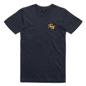 Simple and clean, our "Simple Script" tee features the word Troy in gold script on the front and back of a navy blue tee.  Only found at 518 Prints