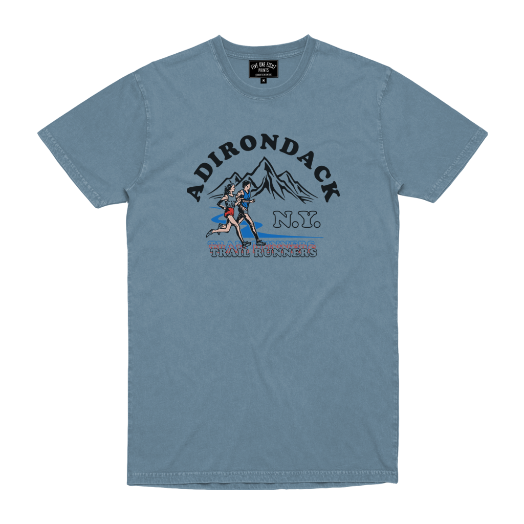 Fitness and the Adirondacks - what could be a better pair? Rock our "Trail Runners" tee, featuring an original retro-inspired design on the front of an ice blue tee.  Only found at 518 Prints