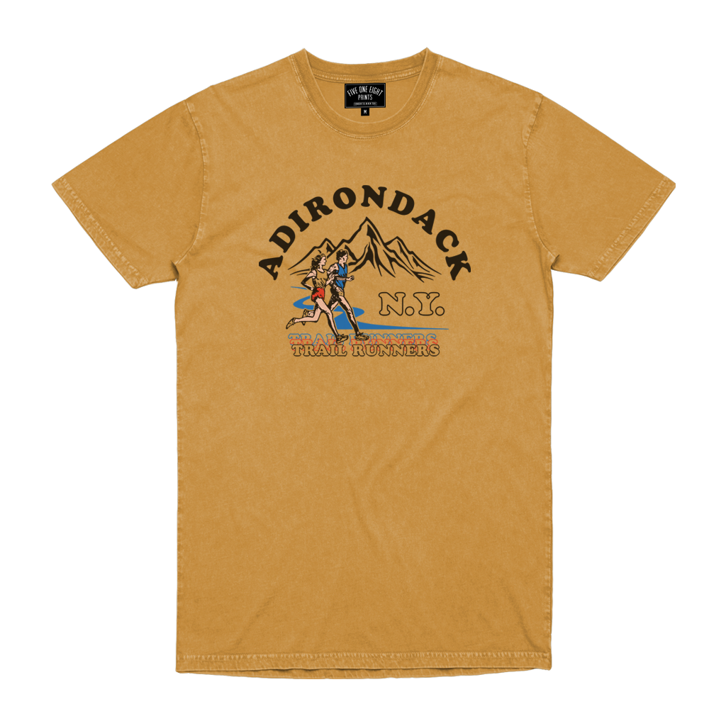 Fitness and the Adirondacks - what could be a better pair? Rock our "Trail Runners" tee, featuring an original retro-inspired design on the front of a mustard yellow tee.  Only found at 518 Prints