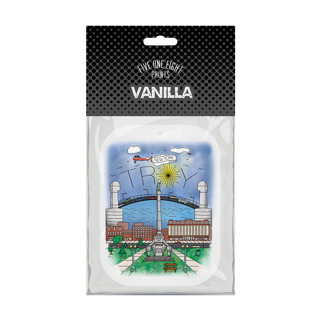 Yes, we made air fresheners! Featuring our original Troy Airbrush illustration on a lavender or vanilla scented freshener.  Only found at 518 Prints