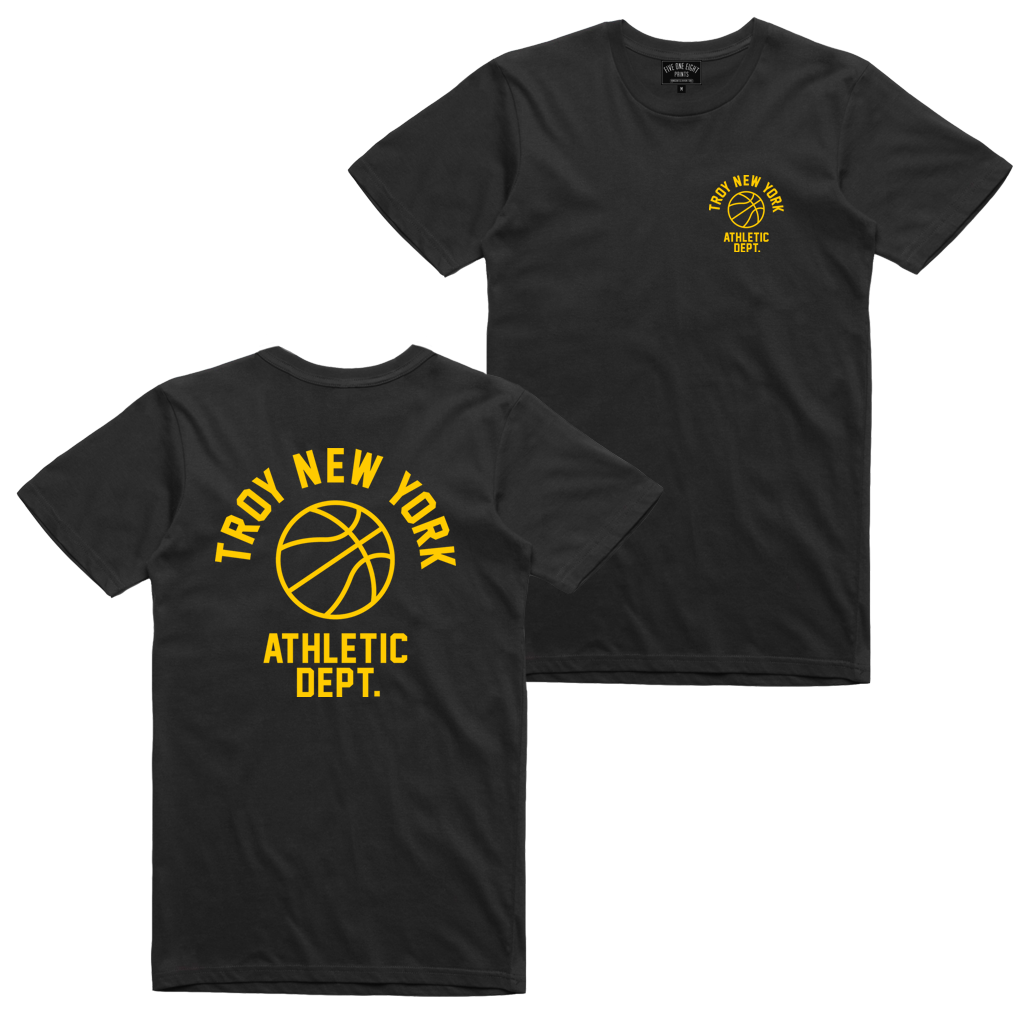 Show some hometown pride in sporty style. Our "Athletic Dept" tee features the words "Troy New York Athletic Dept." surrounding a basketball on both back and front chest prints. This design is printed on a comfortable yet tough black tee.  Only Found at 518 Prints