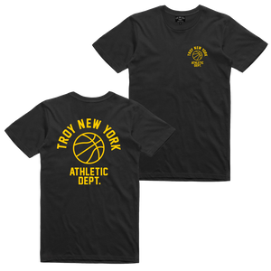 Show some hometown pride in sporty style. Our "Athletic Dept" tee features the words "Troy New York Athletic Dept." surrounding a basketball on both back and front chest prints. This design is printed on a comfortable yet tough black tee.  Only Found at 518 Prints