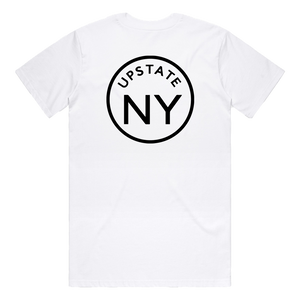 If you haven't guessed, we're big fans of Upstate NY and think it's the best place in the world. Rock your Upstate roots (or just your love for the area!) in our custom "Upstate Circle" pocket tee in white. Printed on the back and front pocket in black ink.  Only found at 518 Prints