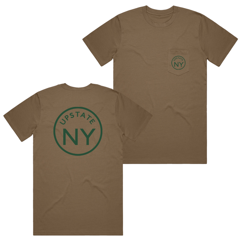 If you haven't guessed, we're big fans of Upstate NY and think it's the best place in the world. Rock your Upstate roots (or just your love for the area!) in our custom "Upstate Circle" pocket tee in dark khaki. Printed on the back and front pocket in green ink.  Only found at 518 Prints 