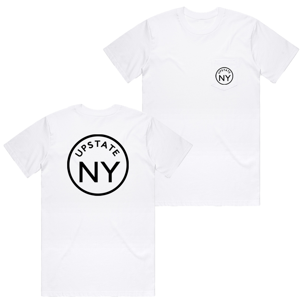 If you haven't guessed, we're big fans of Upstate NY and think it's the best place in the world. Rock your Upstate roots (or just your love for the area!) in our custom "Upstate Circle" pocket tee in white. Printed on the back and front pocket in black ink.  Only found at 518 Prints