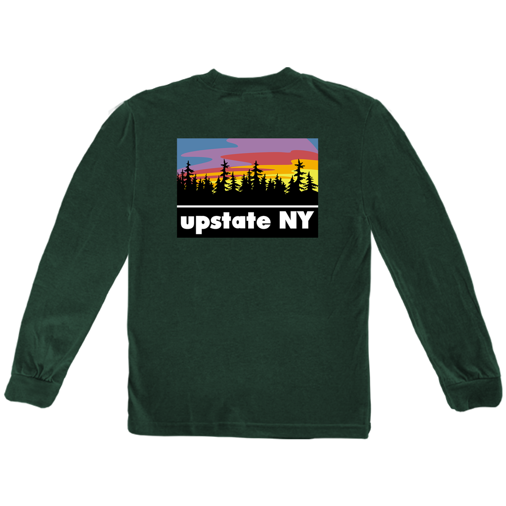Our Upstate Patch design, printed on the back of a shirt! Design features a stylized sunset behind a forest skyline with the words "Upstate NY" in contrasting white. Printed on the front and back of a ringspun, heather green long sleeve tee.  Only found at 518 Prints