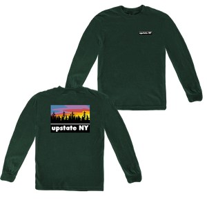 Our Upstate Patch design, printed on the back of a shirt! Design features a stylized sunset behind a forest skyline with the words "Upstate NY" in contrasting white. Printed on the front and back of a ringspun, heather green long sleeve tee.  Only found at 518 Prints