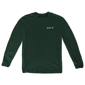 Our Upstate Patch design, printed on the back of a shirt! Design features a stylized sunset behind a forest skyline with the words "Upstate NY" in contrasting white. Printed on the front and back of a ringspun, heather green long sleeve tee.  Only found at 518 Prints
