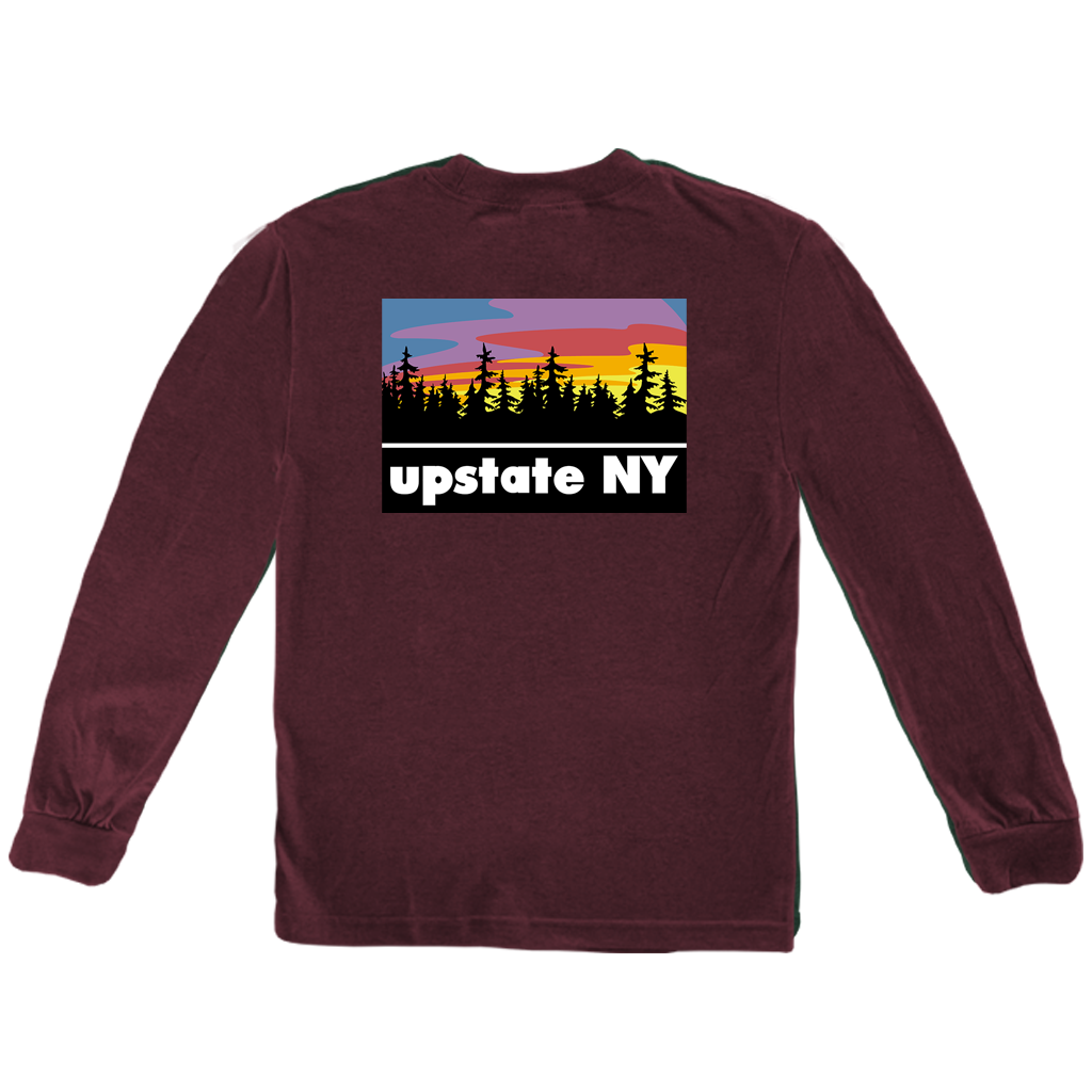 Our Upstate Patch design, printed on the back of a shirt! Design features a stylized sunset behind a forest skyline with the words "Upstate NY" in contrasting white. Printed on the front and back of a ringspun, heather maroon long sleeve tee.  Only found at 518 Prints