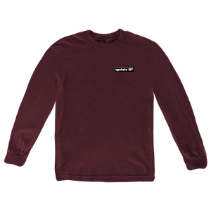 Our Upstate Patch design, printed on the back of a shirt! Design features a stylized sunset behind a forest skyline with the words "Upstate NY" in contrasting white. Printed on the front and back of a ringspun, heather maroon long sleeve tee.  Only found at 518 Prints