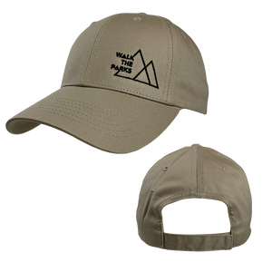 Walk The Parks's logo embroidered in black on the front of a khaki adjustable structured cotton twill cap.  Cap features include 100% cotton twill fabric; structured, 6-panel, low-profile construction; front panel constructed with buckram, and a matching hook and loop closure.