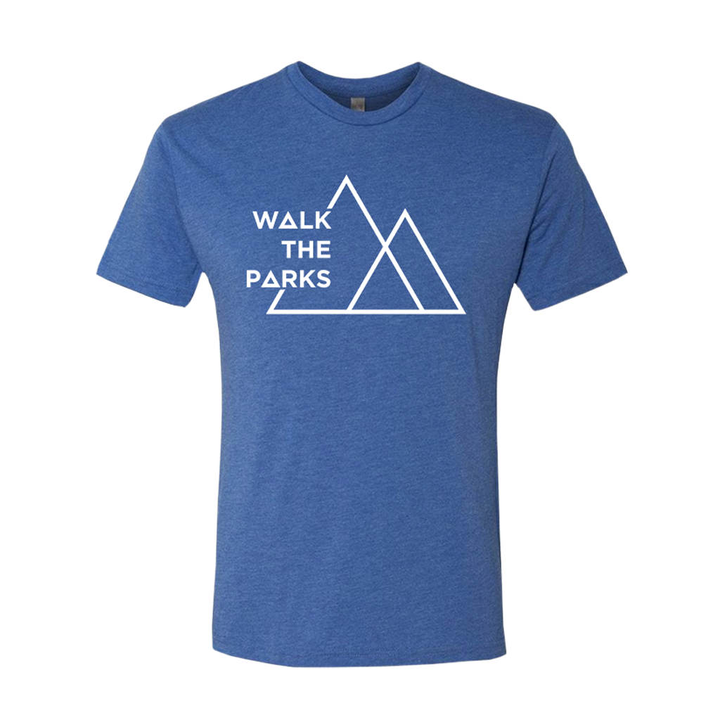 Walk The Parks's logo, printed in white on the front of a blue American Apparel tee. Tee features include: 4.3oz/yd2, 100% combed ring-spun cotton, 30 singles; shoulder-to-shoulder tape and 7/8” seamed collar; 1” double-needle sleeve and bottom hem.